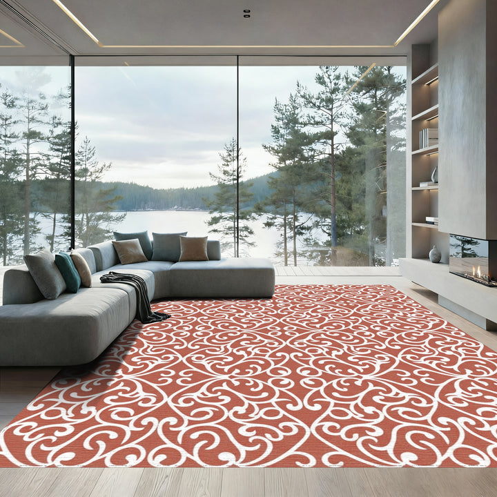 Terracotta White Intricate Swirl Arabesque Rug