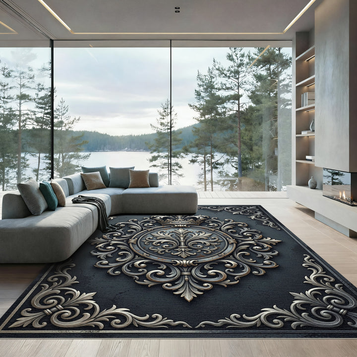 Ornate Silver Crown Fleur-de-lis Rug