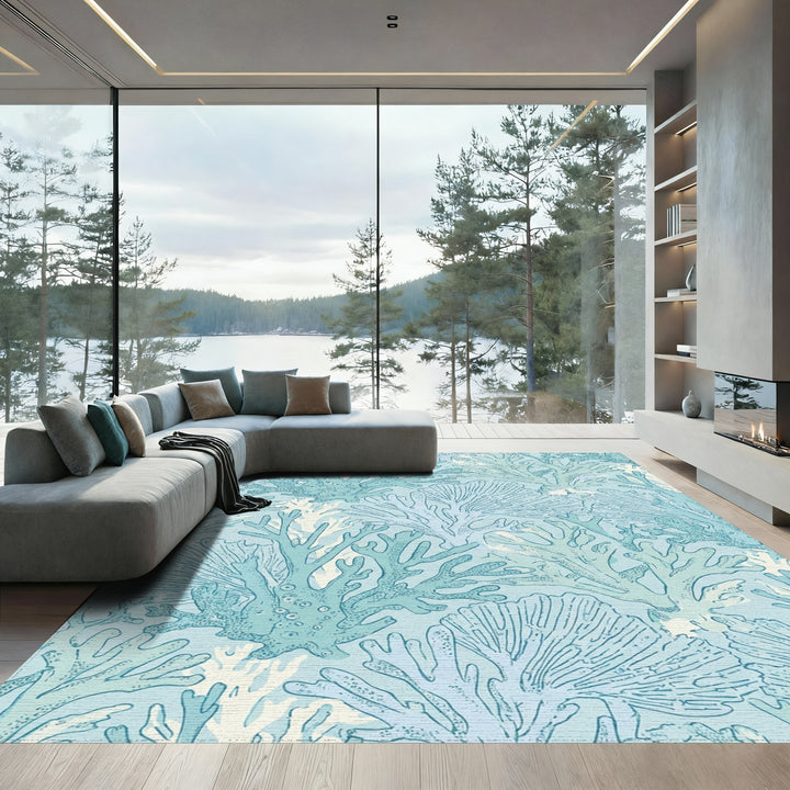 Oceanic Blue Coral Branch Arrangement Rug
