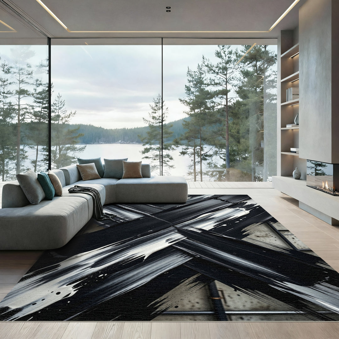 Bold Black Ink Cross Brushstrokes Rug