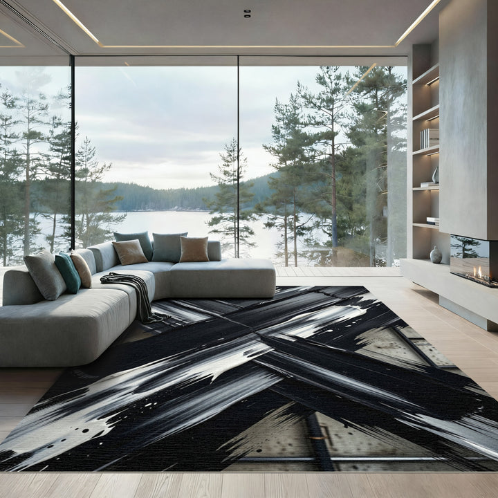 Bold Black Ink Cross Brushstrokes Rug