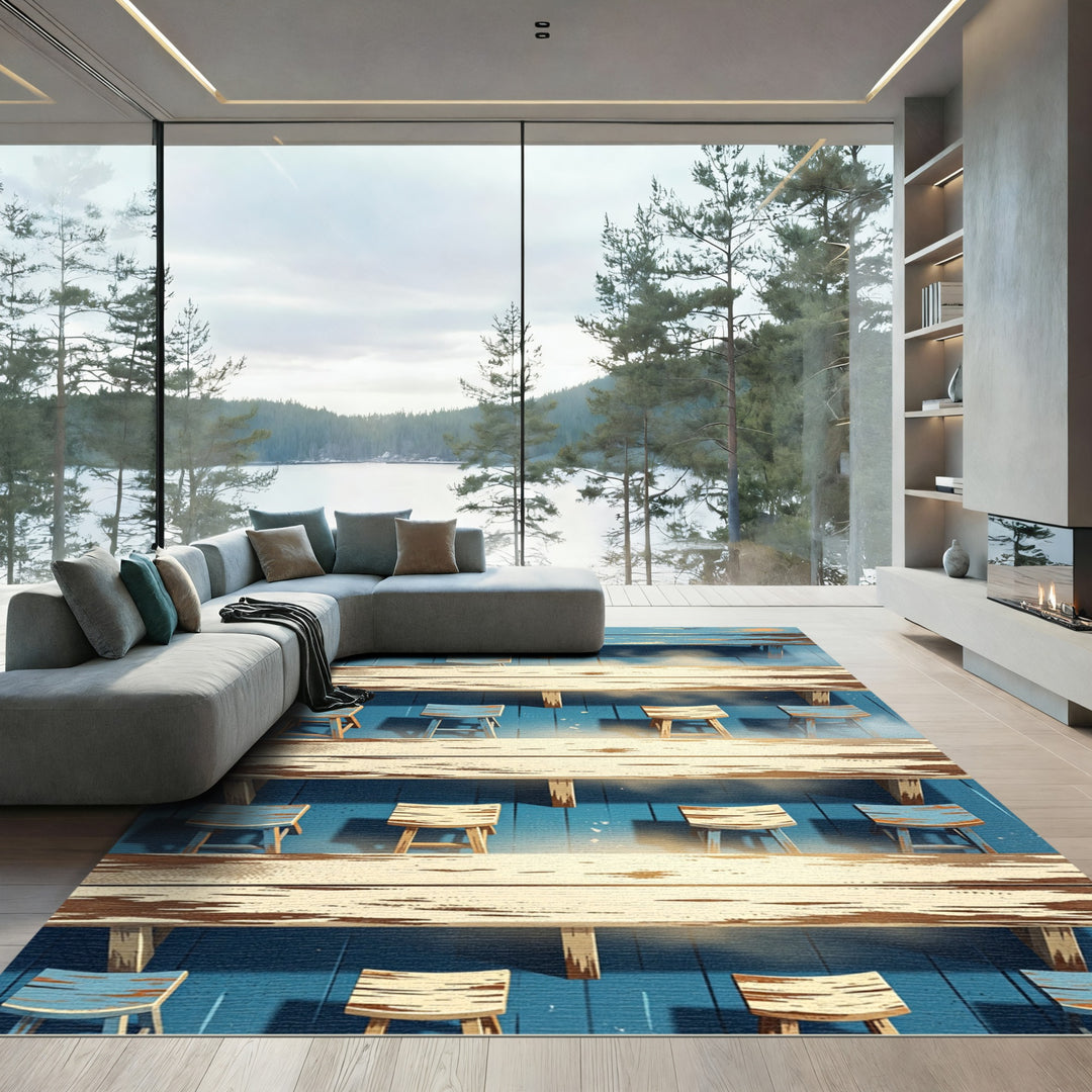 Coastal Blue Weathered Wood Stripe Rug