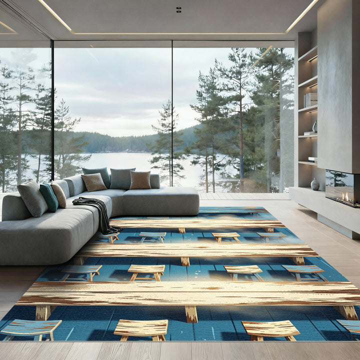 Coastal Blue Weathered Wood Stripe Rug