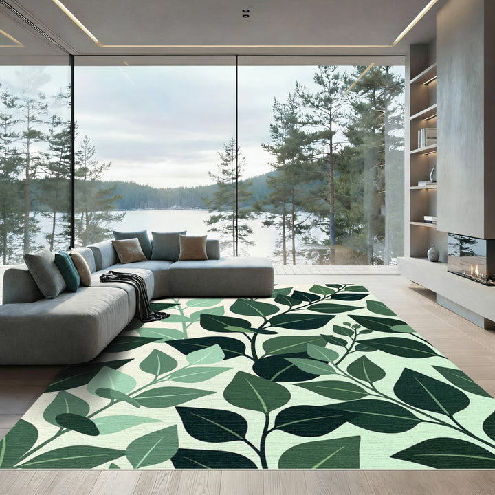 Deep Green Branch Leaf Composition Rug