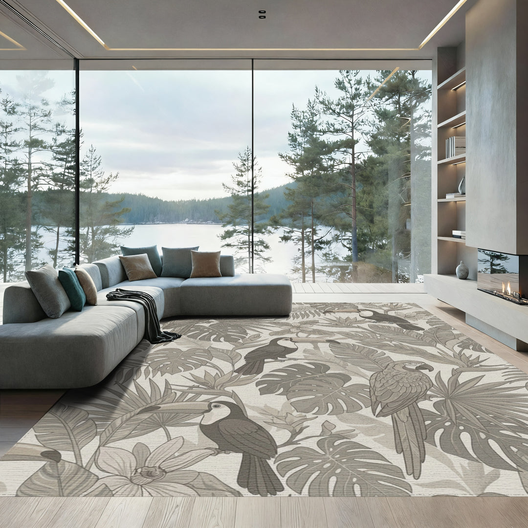 Taupe Tropical Toucans and Macaws Rug