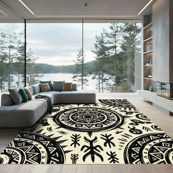 Tribal Black Sunburst Mandala Rug