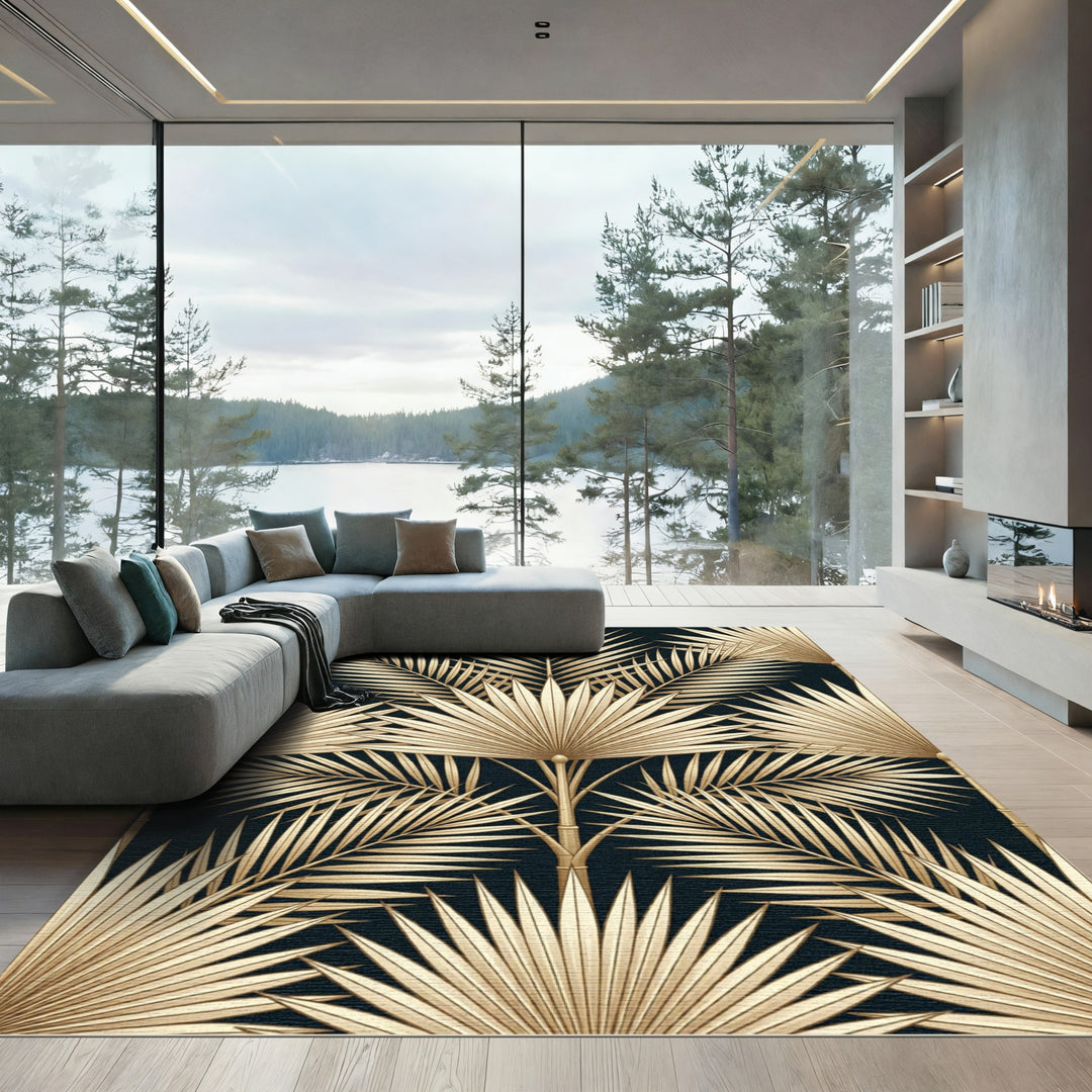 Golden Palm Fronds Art Deco Rug