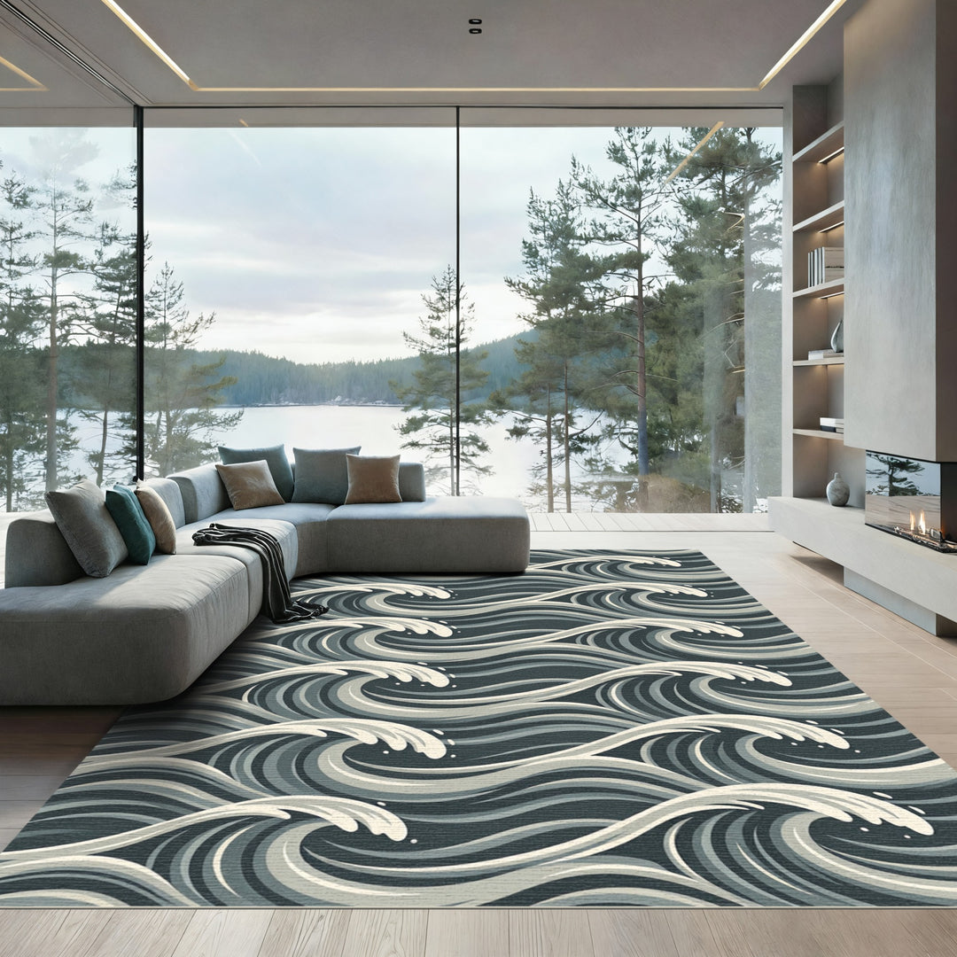 Dark Blue Wave Art Rug