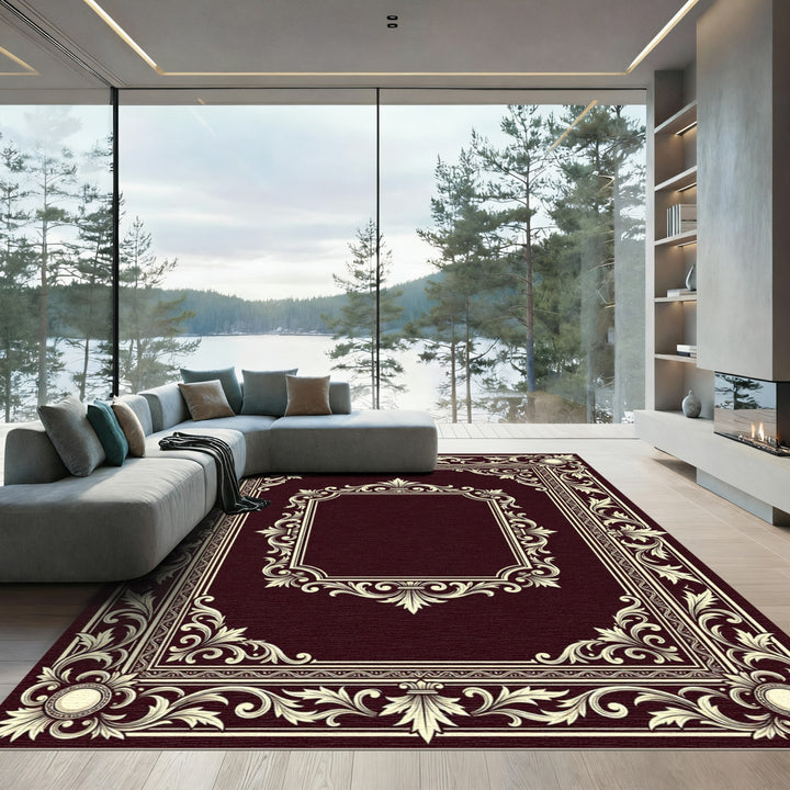 Ornate Cream Acanthus Leaf Frame Rug
