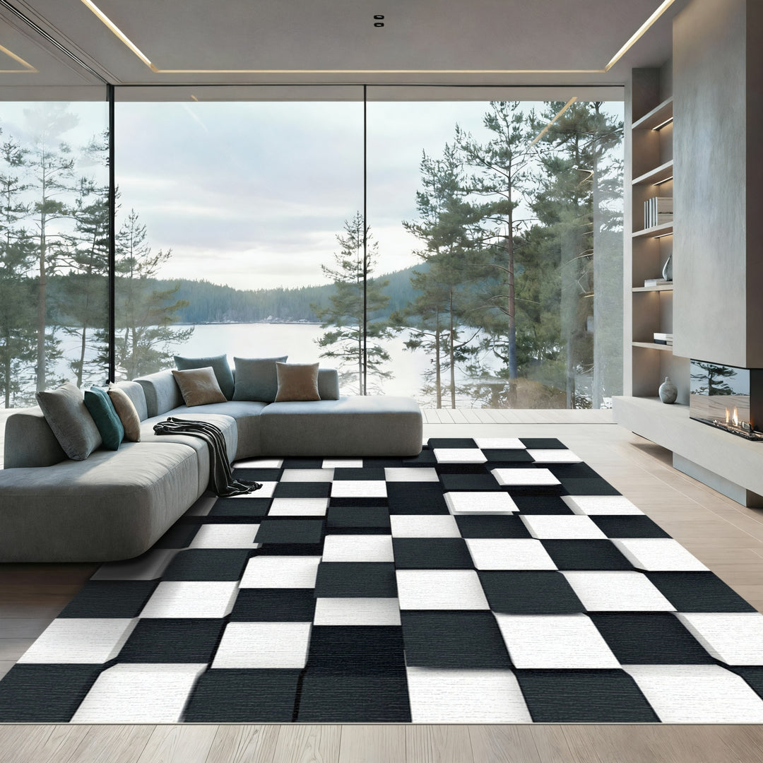 Black White Cubed Chess Rug