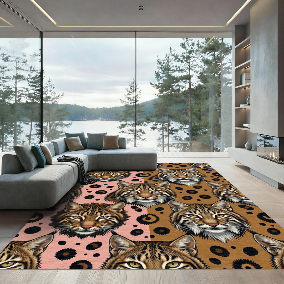 Wild Bobcat Faces Pink Brown Spots Rug