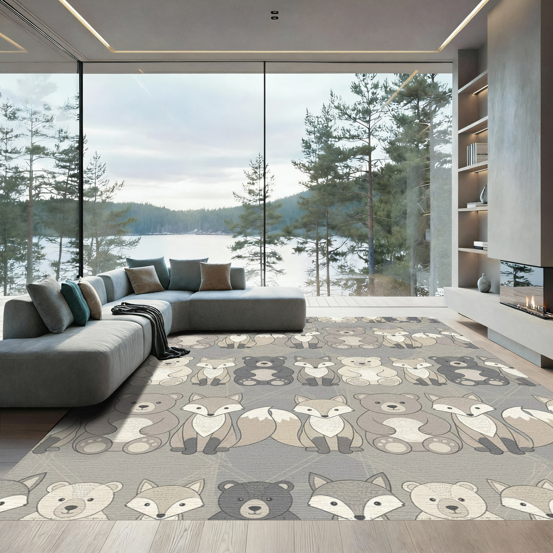 Woodland Forest Animals Neutral Palette Rug