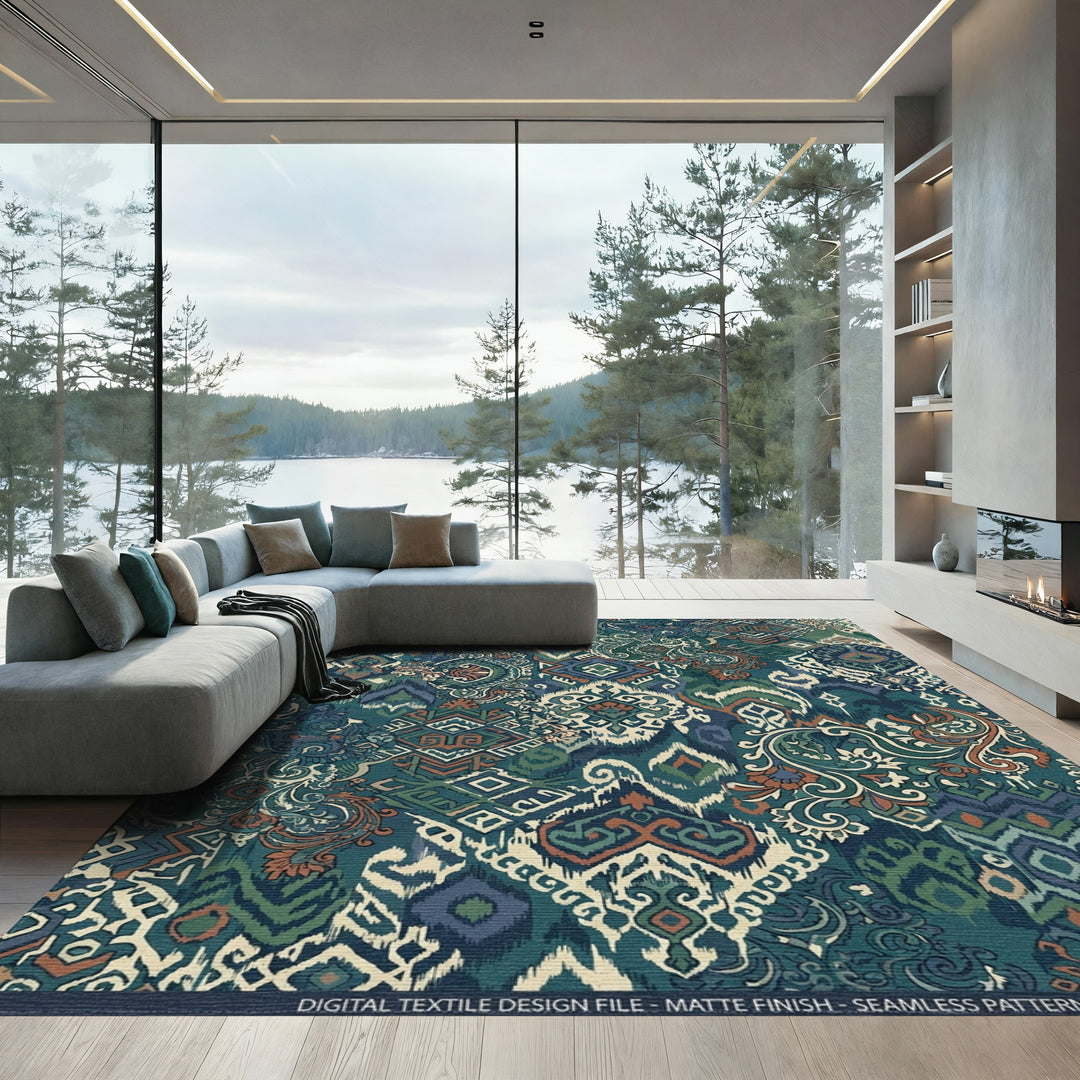 Teal Blue Earthy Patchwork Medallion Rug
