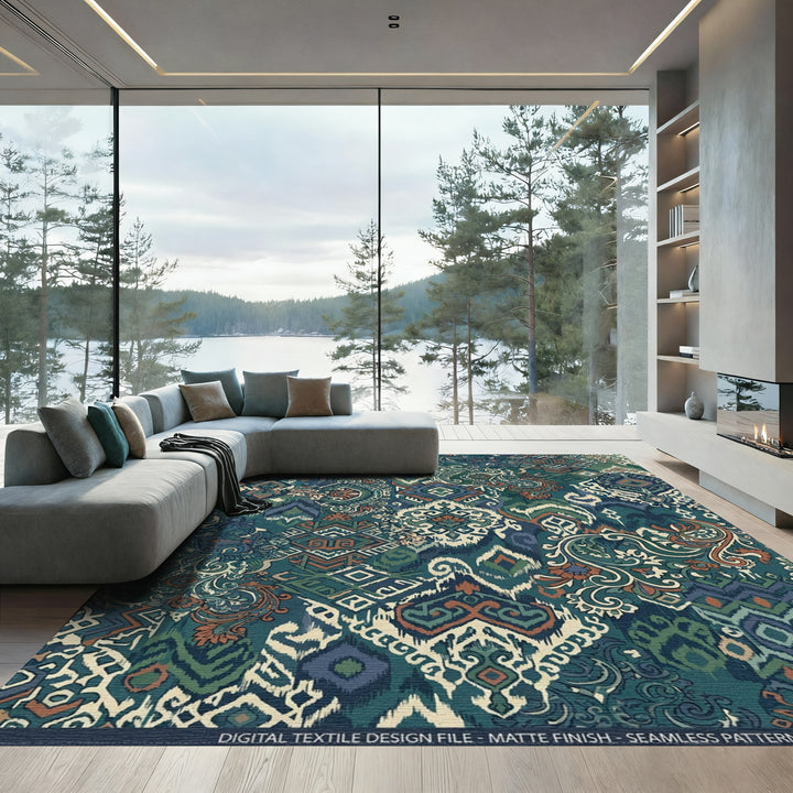 Teal Blue Earthy Patchwork Medallion Rug
