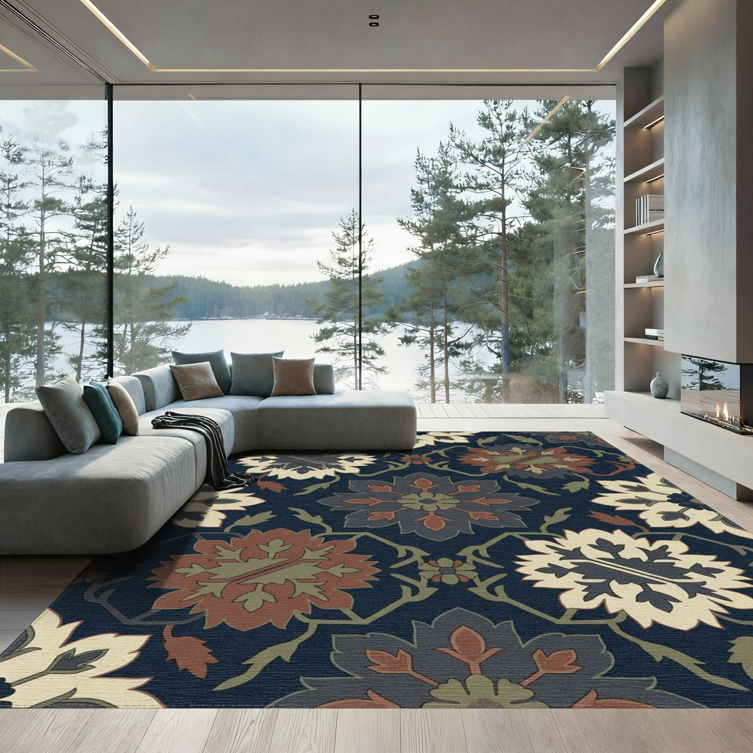 Deep Navy Red Floral Medallion Rug