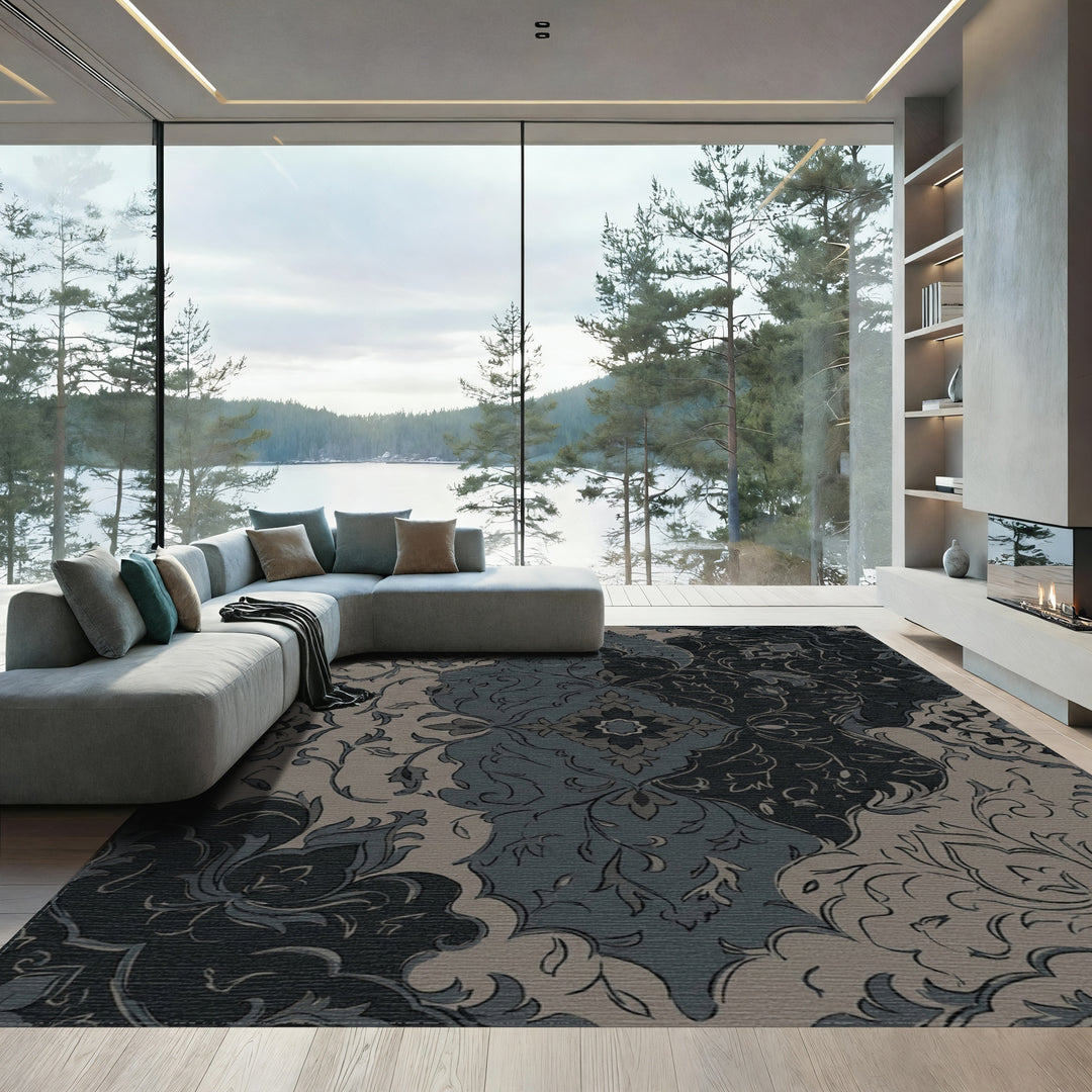 Charcoal Slate Floral Patchwork Medallion Rug