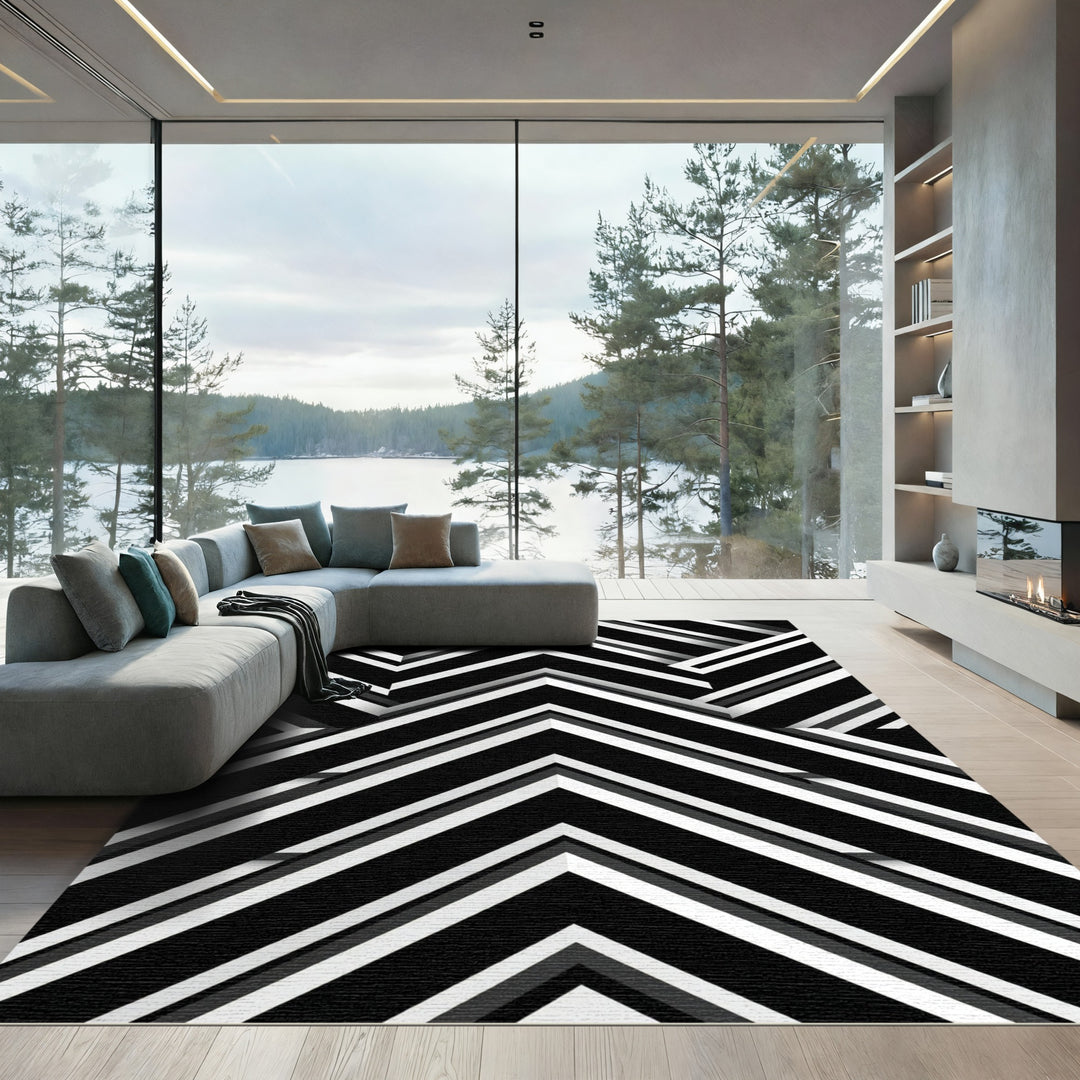 Monochrome Chevron Geometric Overlay Rug