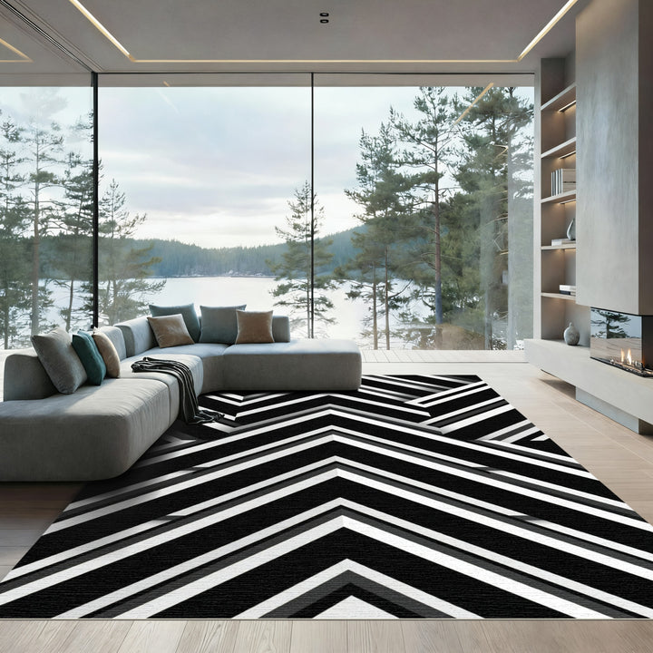 Monochrome Chevron Geometric Overlay Rug