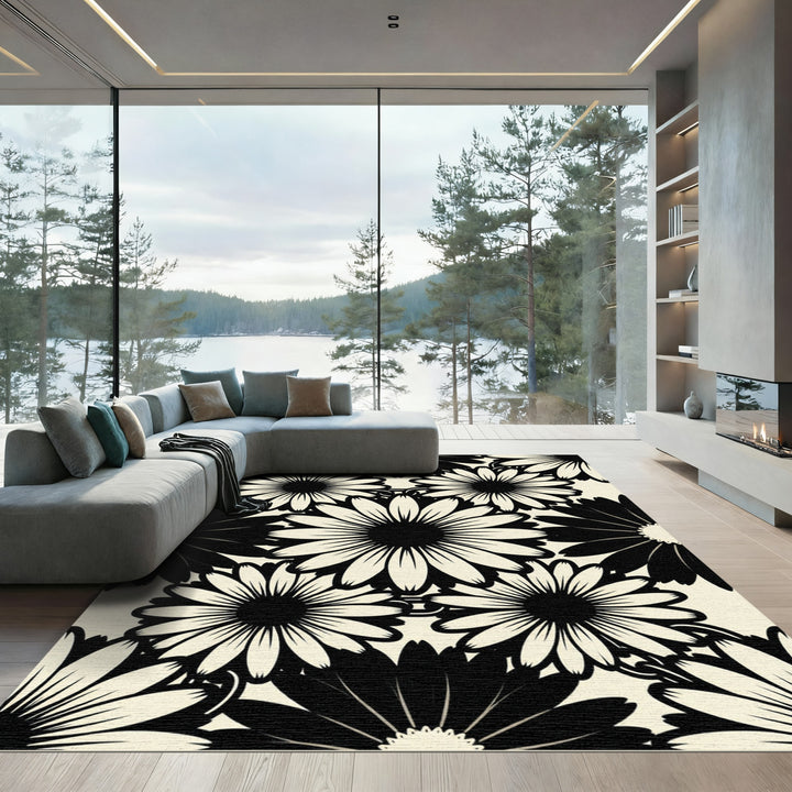 Bold Black White Daisy Garden Rug