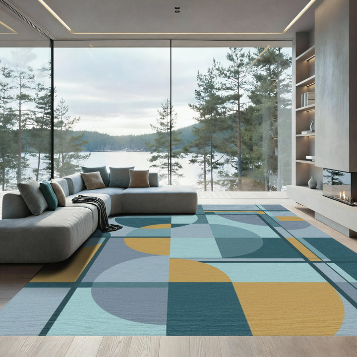 Abstract Teal Gold Geometric Circles Rug