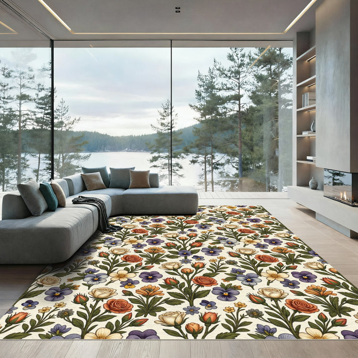 Creamy White and Russet Floral Vine Rug