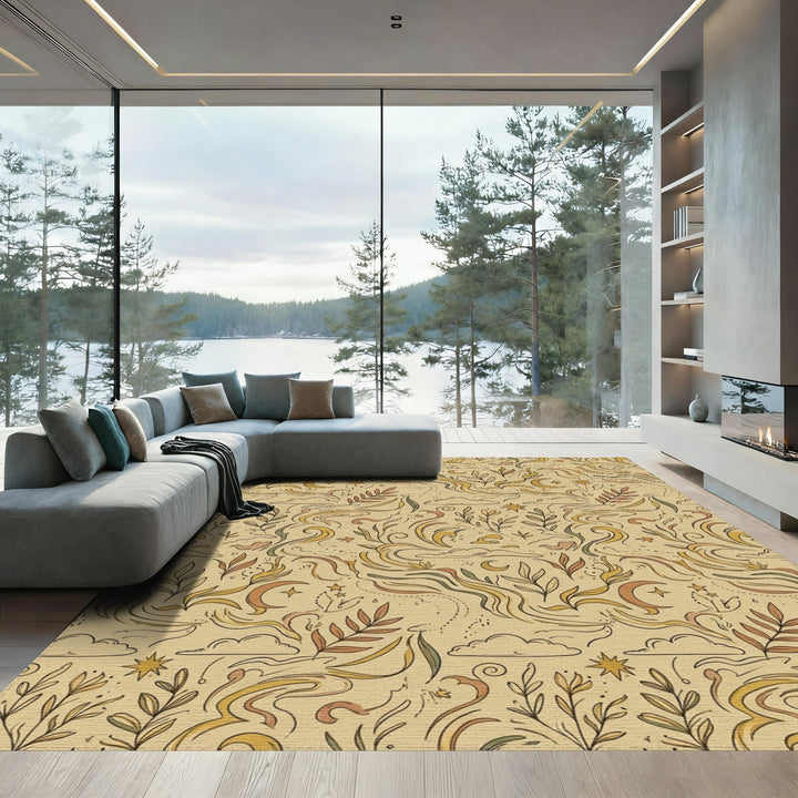 Earthy Celestial Floral Swirls Rug