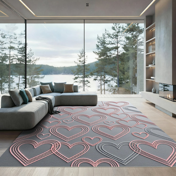Pink and Gray Layered Hearts Area Accent Rug