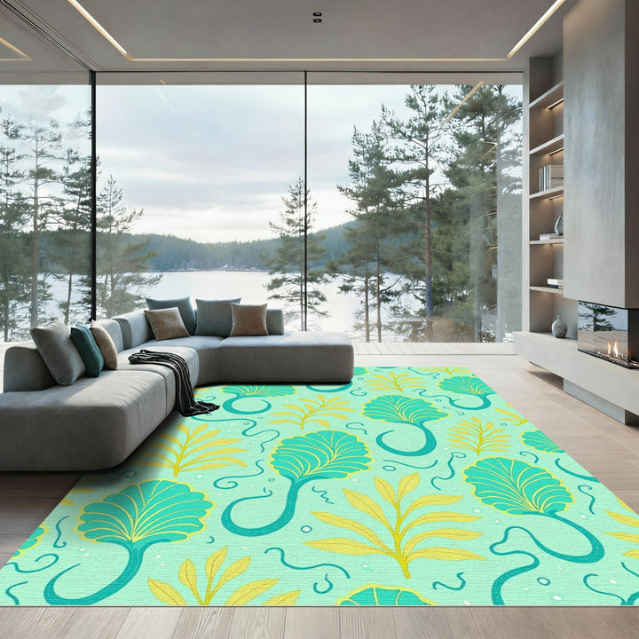 Teal Golden Leafy Swirls Rug