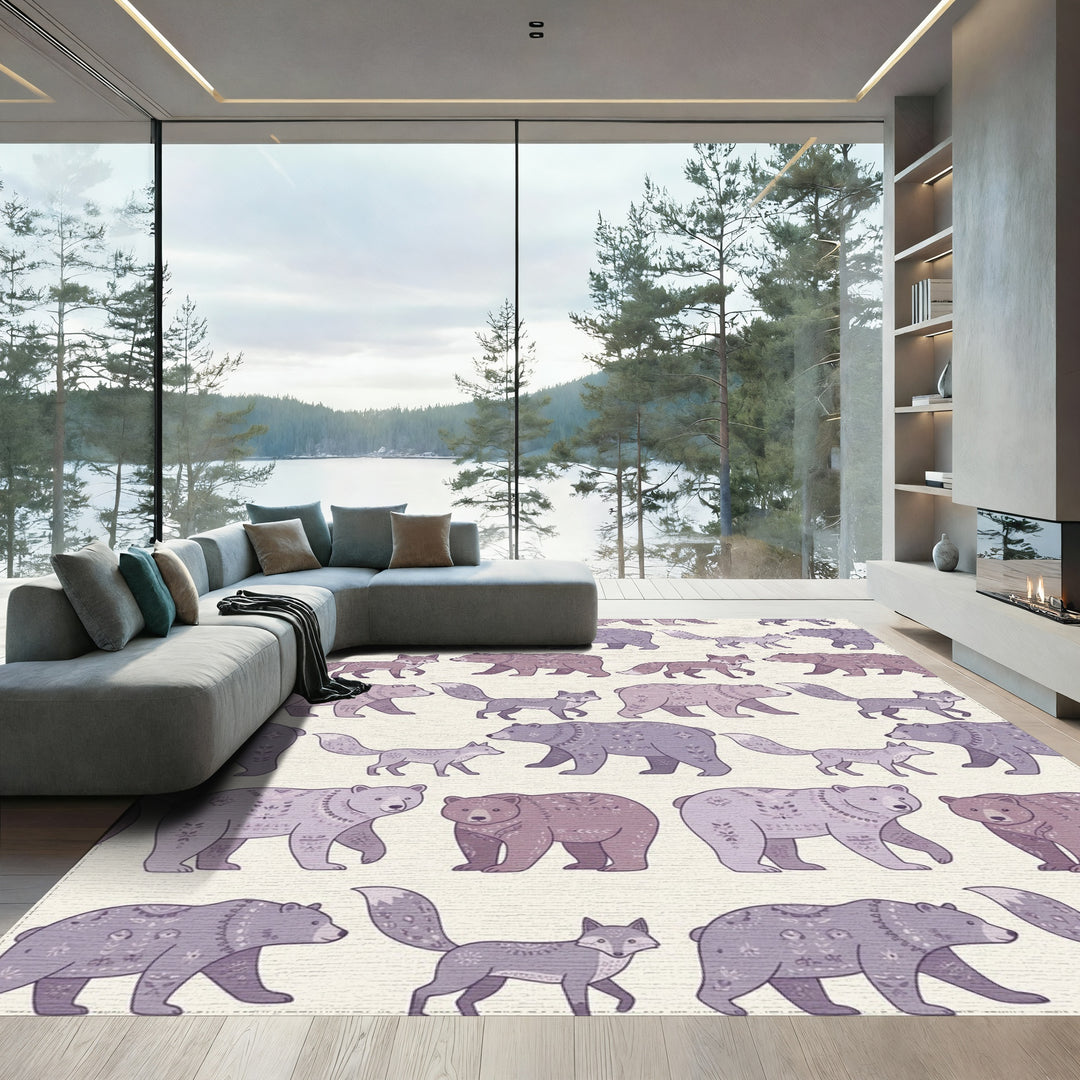 Lavender Bear Fox Folk Art Rug