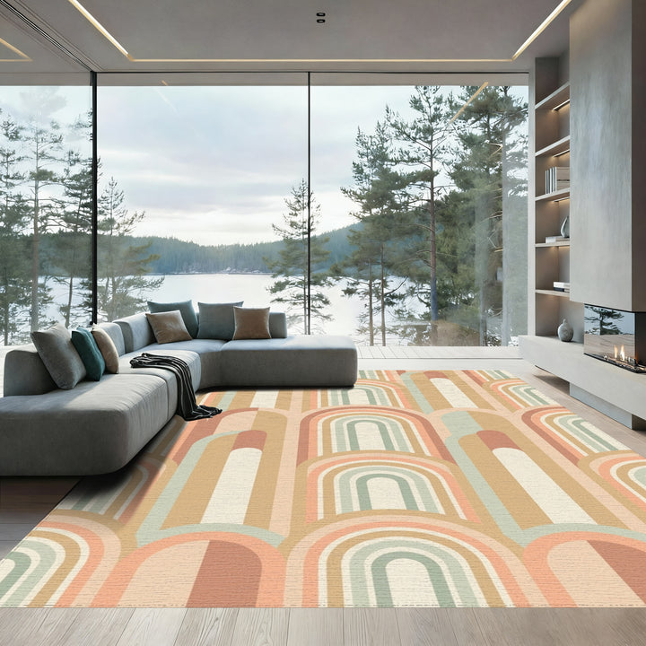 Retro Abstract Arc Rainbow Rug