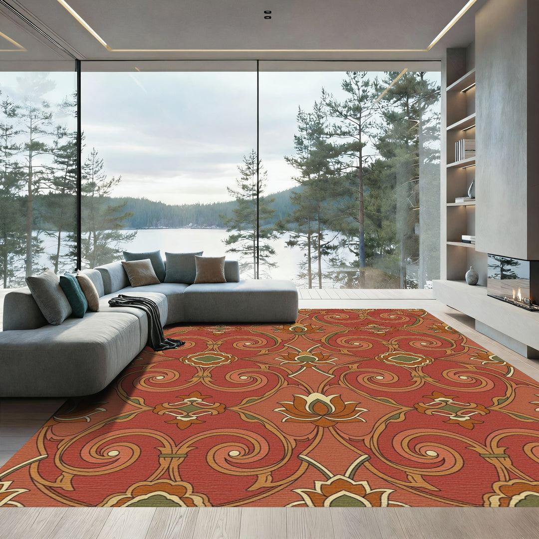 Terracotta Lotus Swirl Intricate Floral Rug