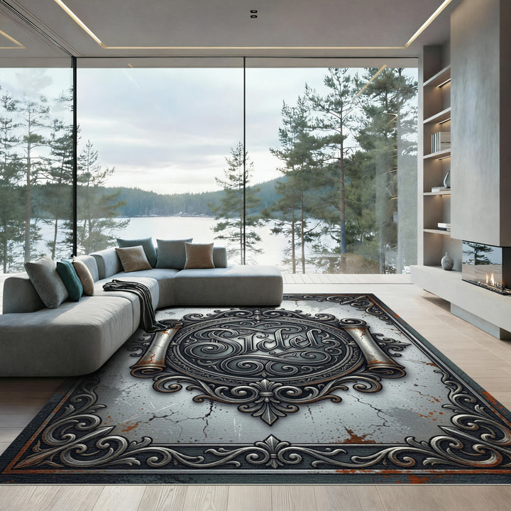 Ornate Silver Scroll Emblem Rug