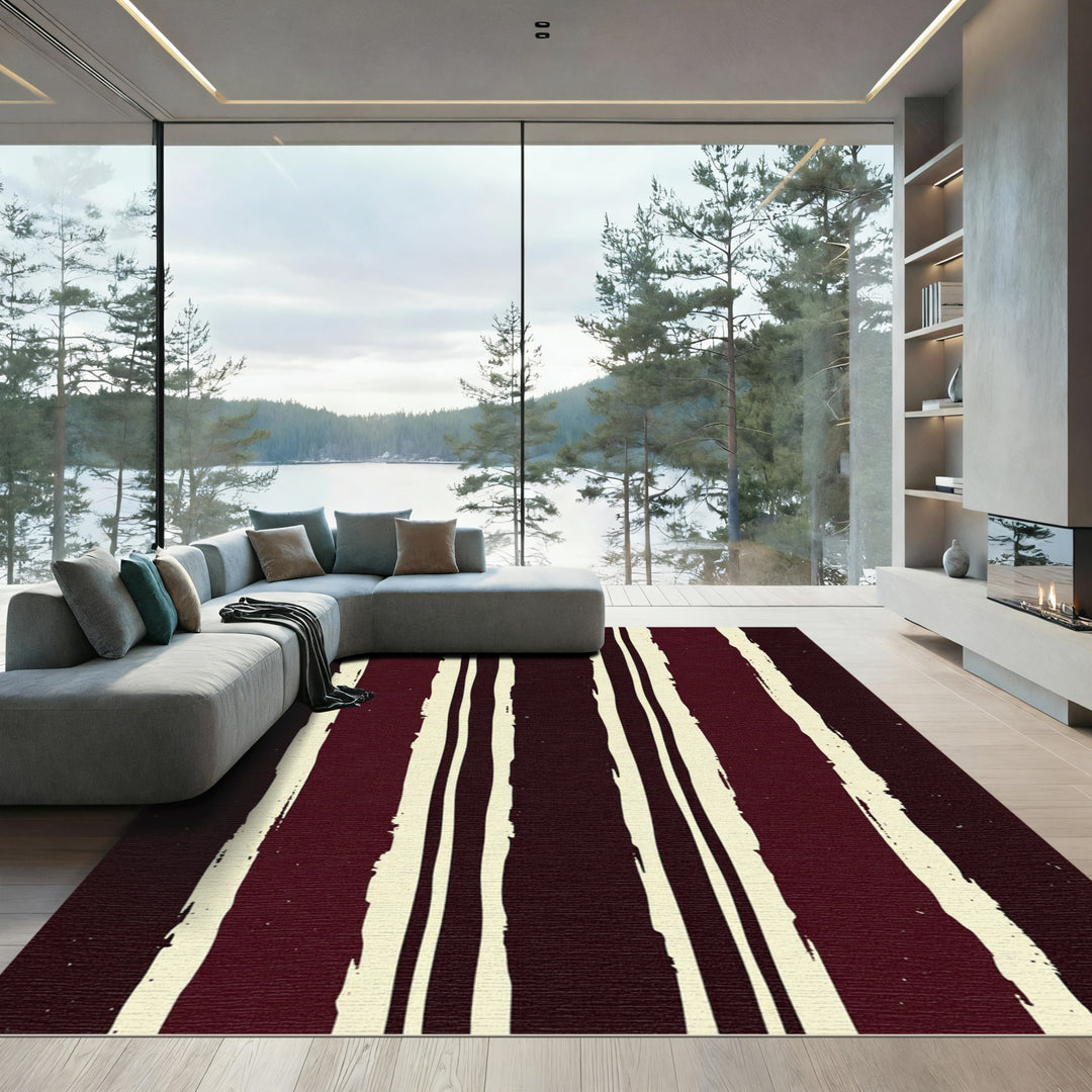 Bold Burgundy Ivory Vertical Stripe Rug