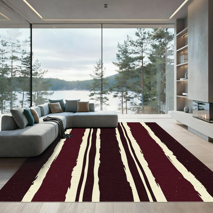 Bold Burgundy Ivory Vertical Stripe Rug