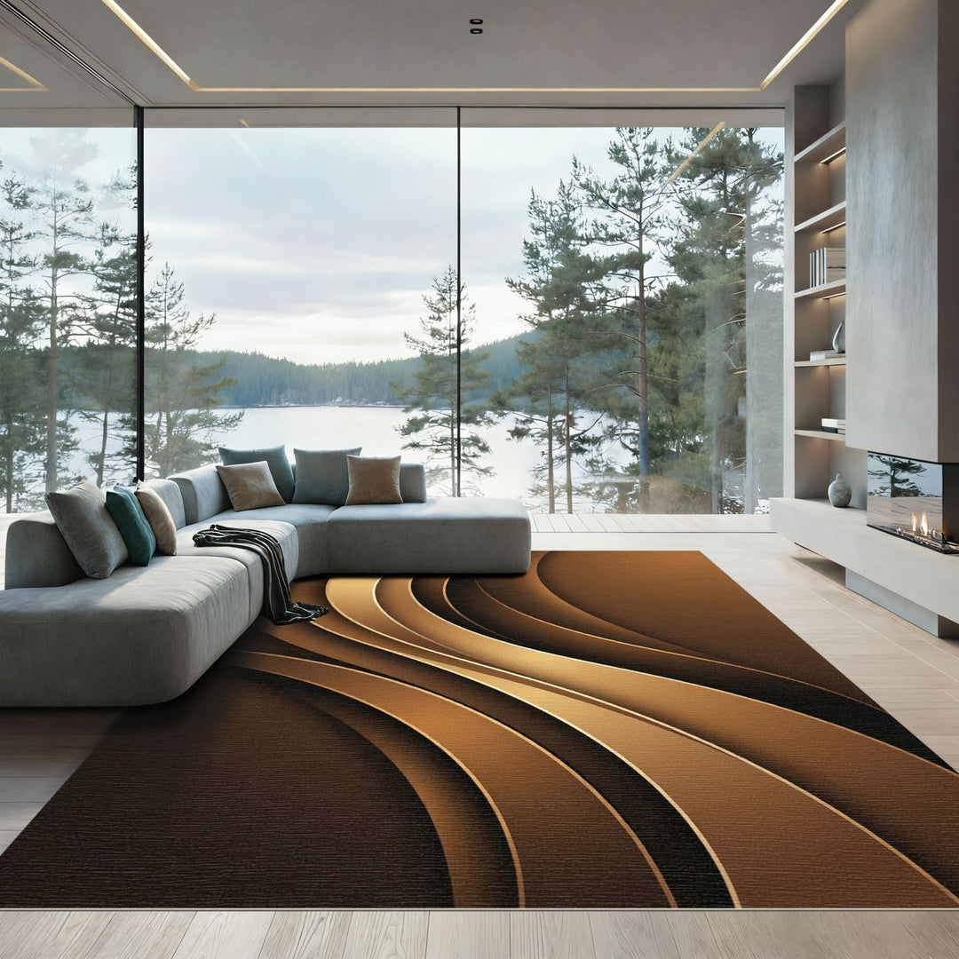 Golden Brown Layered Swirl Rug