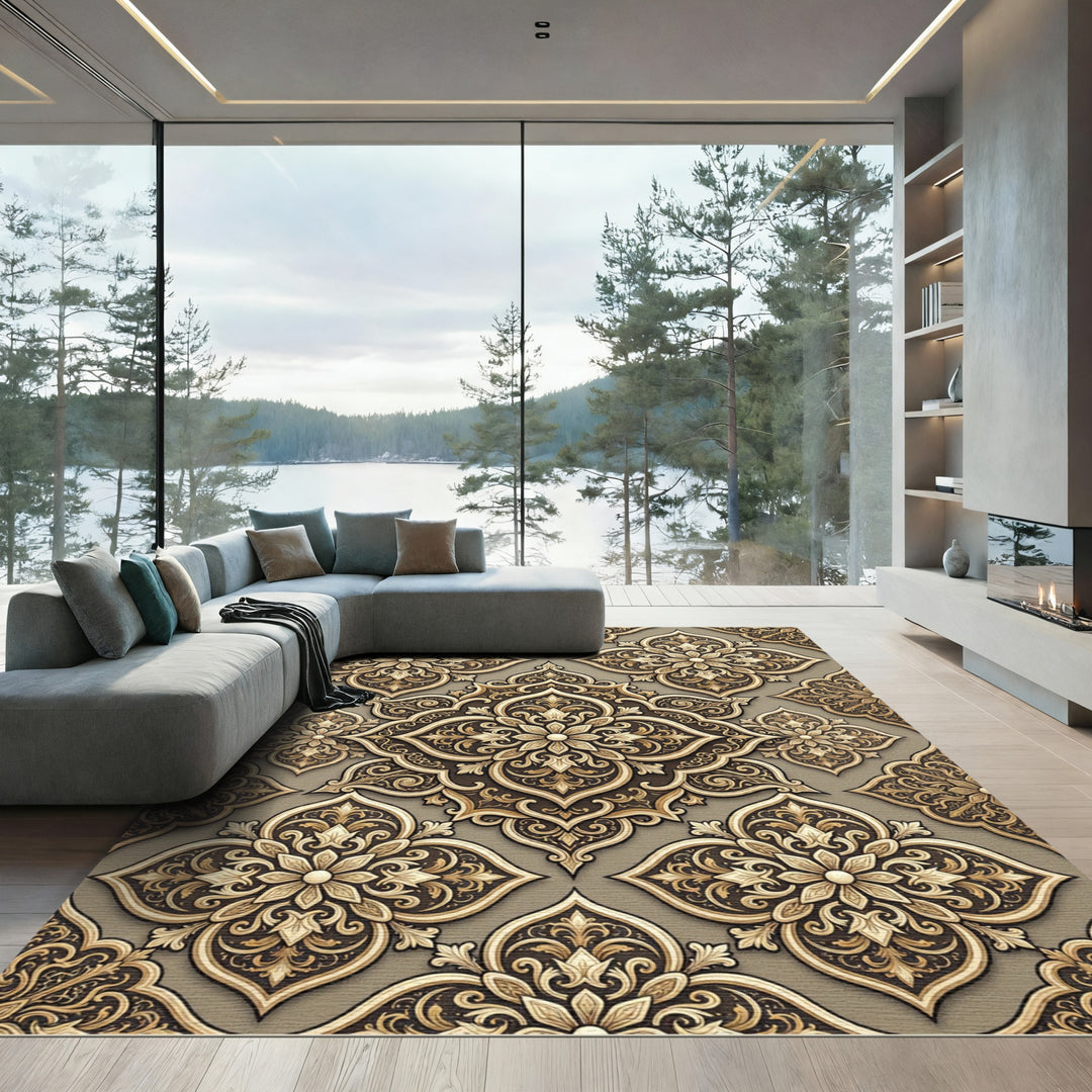 Ornate Gold Arabesque Medallion Rug