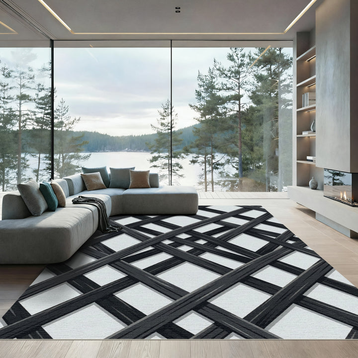 Diagonal Black Lattice Trellis Rug