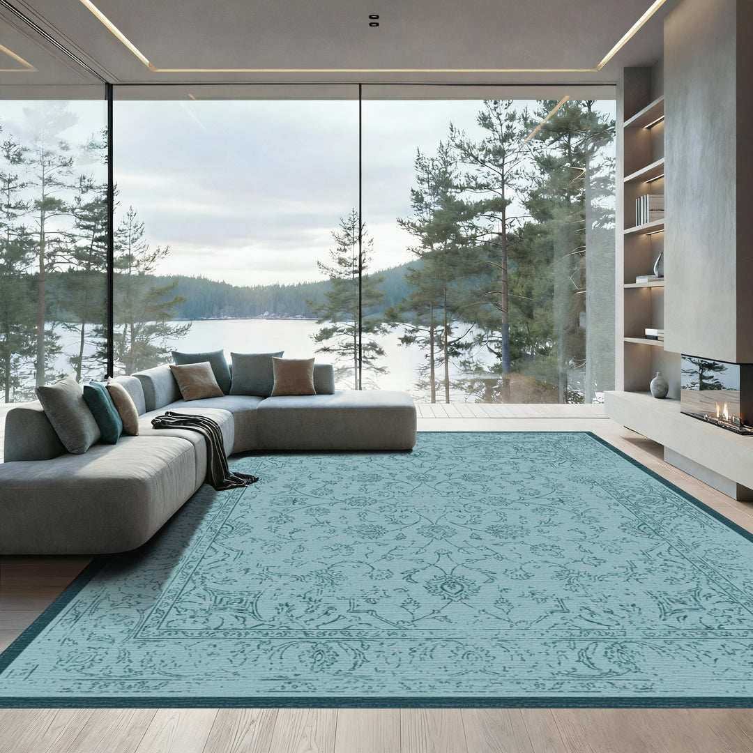Distressed Teal Floral Medallion Rug