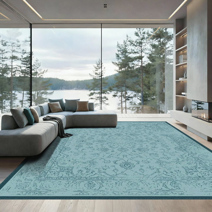 Distressed Teal Floral Medallion Rug