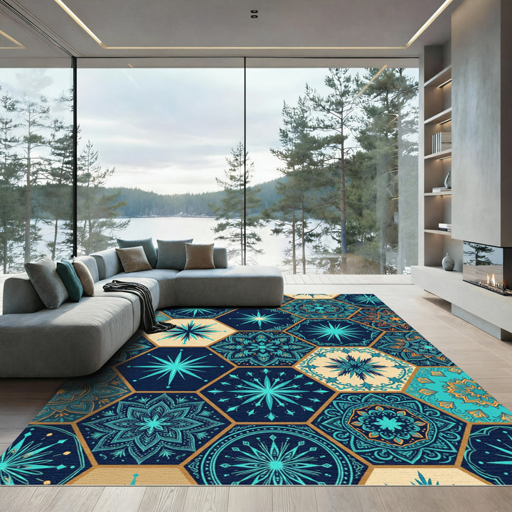 Teal Turquoise Hexagon Mandala Medallion Rug