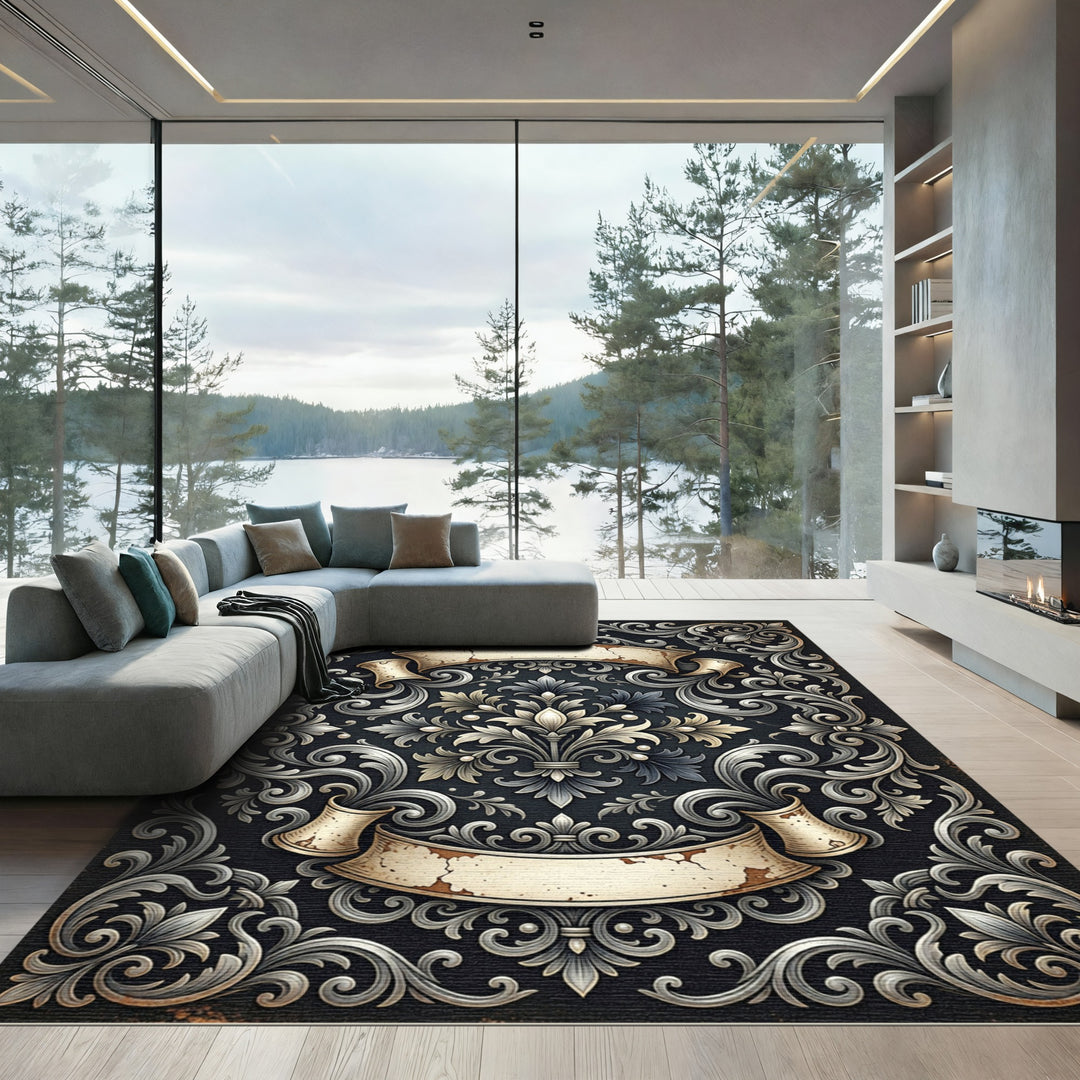Elegant Silver Flourish Ornamental Rug