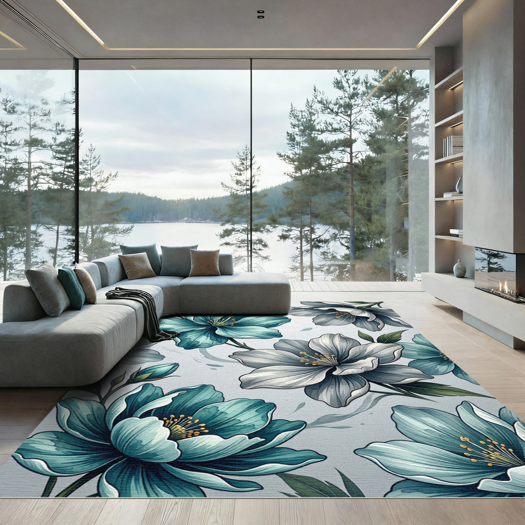 Teal Gray Petal Floral Composition Rug