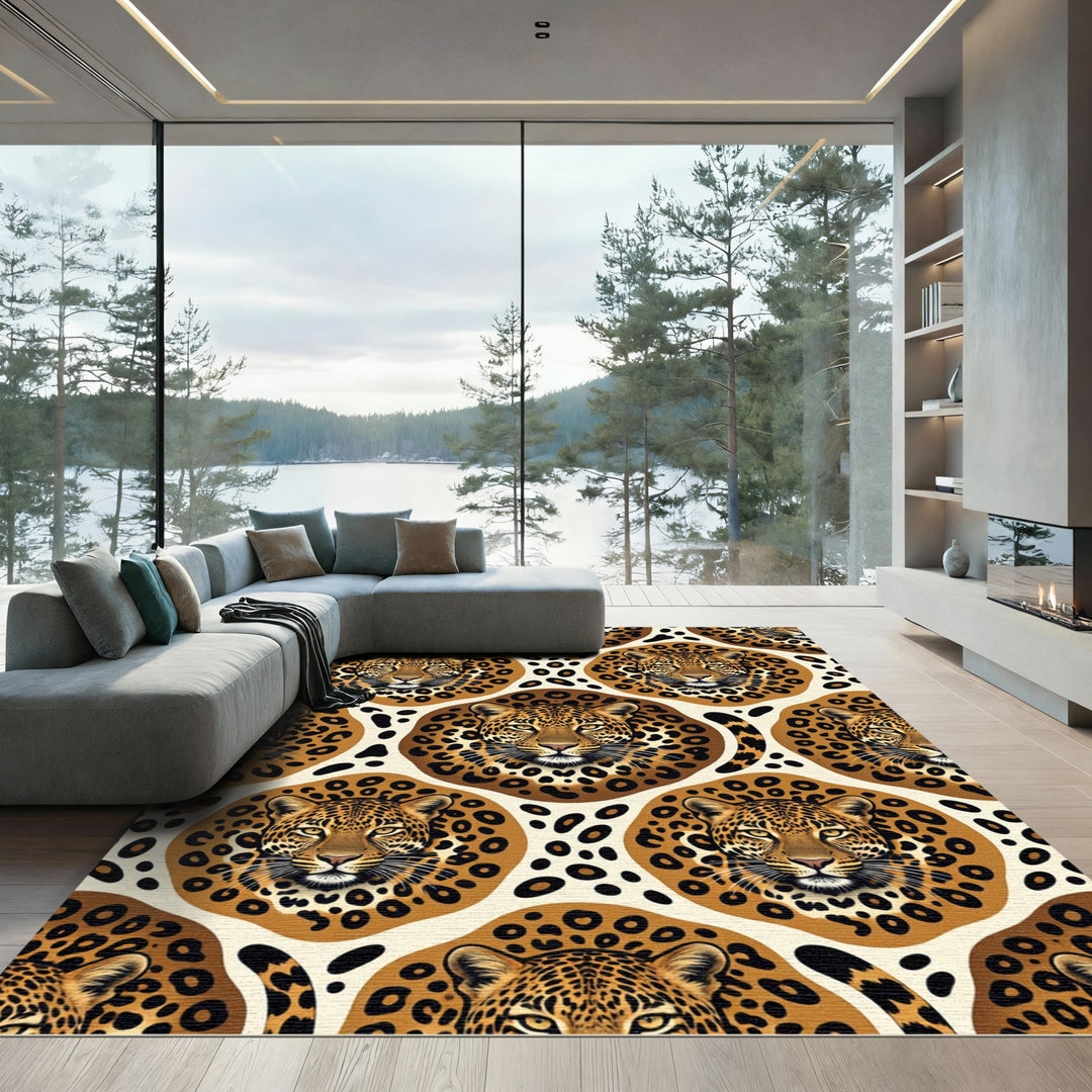 Golden Leopard Portrait Medallion Rug