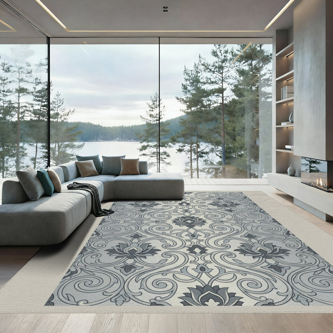 Gray Floral Swirl Damask Rug