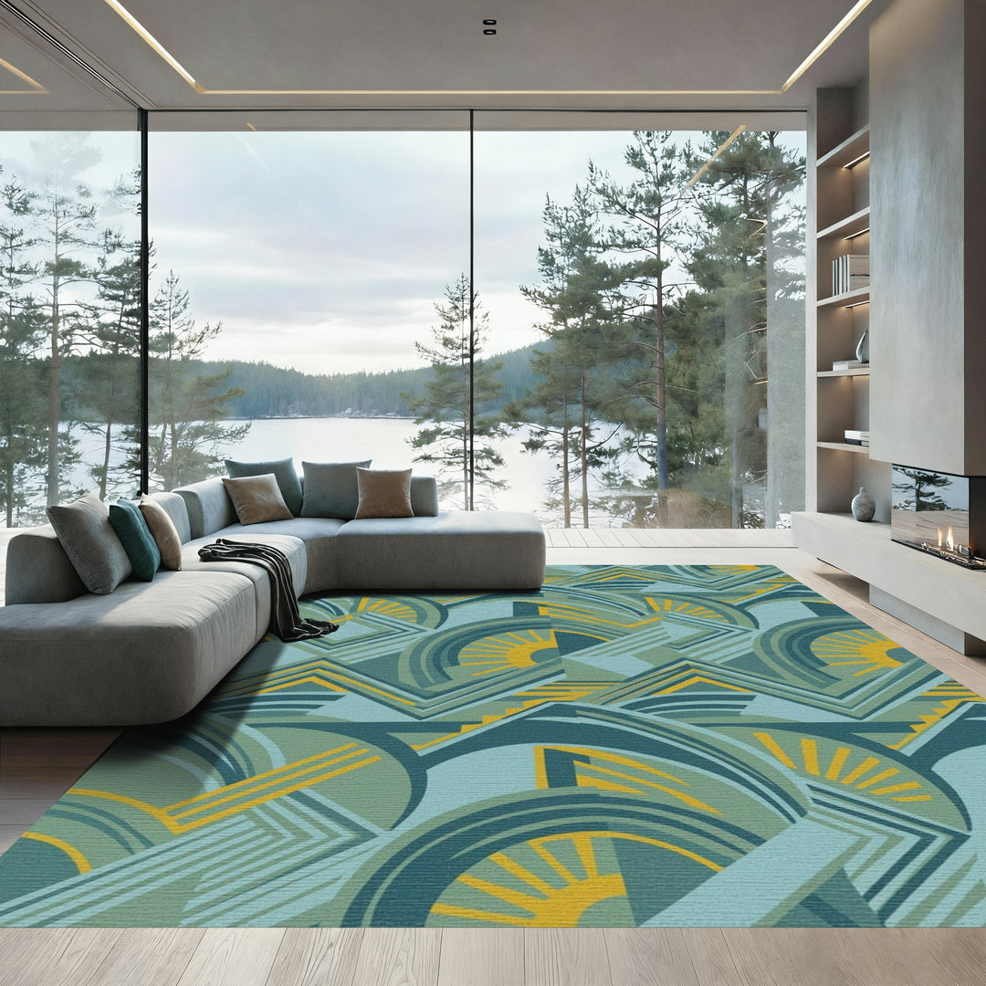 Art Deco Teal Yellow Sunburst Geometric Rug
