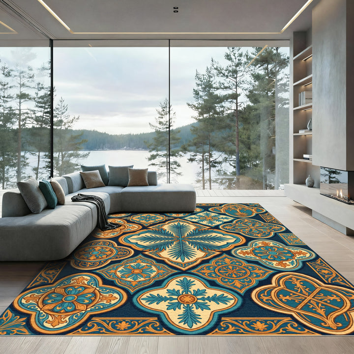 Ornate Teal Gold Arabesque Medallion Rug