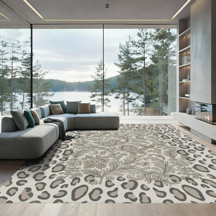 Monochromatic Floral Leopard Frame Rug