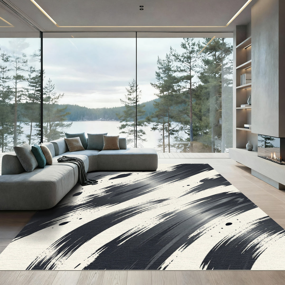 Abstract Black White Brush Strokes Rug