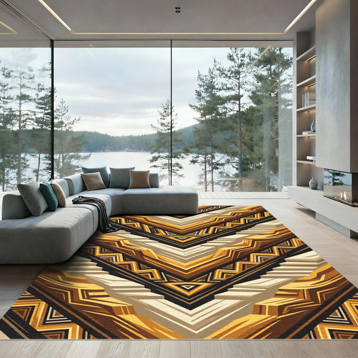 Golden Brown Abstract Geometric Stripes Rug