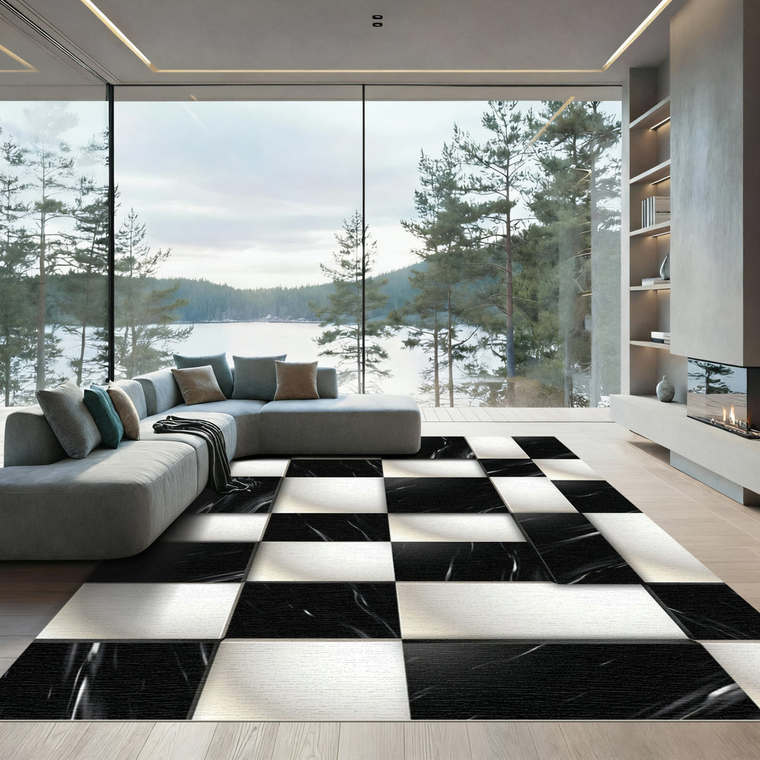 Modern Black White Marble Checkered Rug